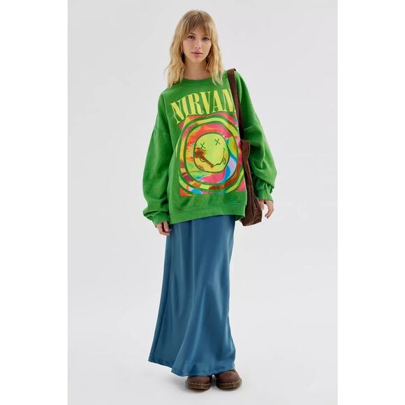 Urban Outfitters X Nirvana Oversized Sweatshirt Spiral Smile Face Green Crewneck - Picture 3 of 6
